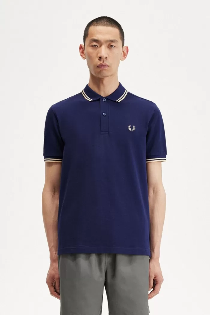 Fred Perry M3600 Men’s Shirt French Navy Aqua Cream Aqua Cream | GIKXF5942