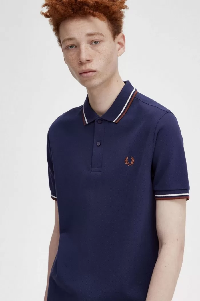 Fred Perry M3600 Men’s Shirt French Navy Beige Whisky Brown | ISVXB0953