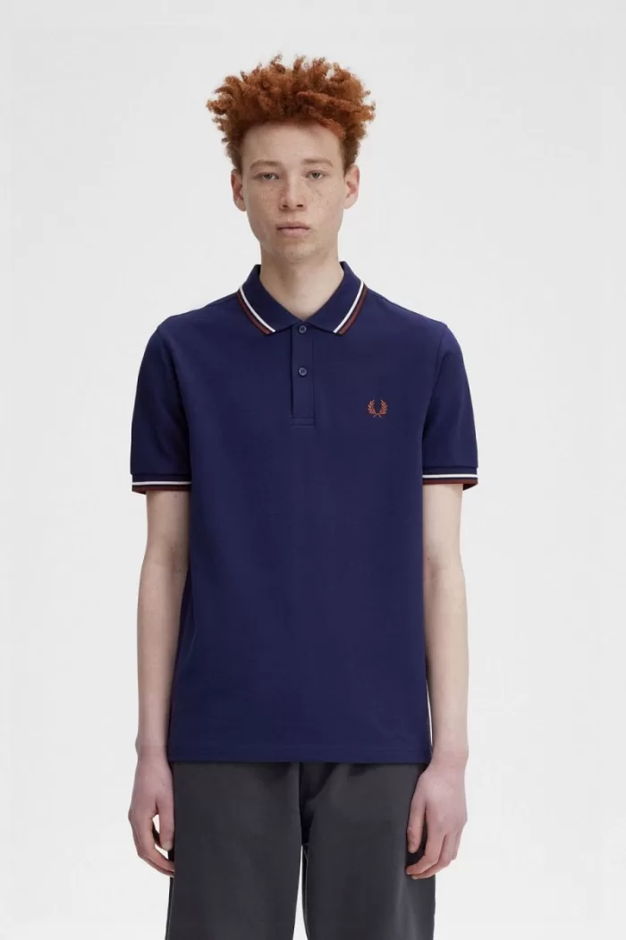 Fred Perry M3600 Men’s Shirt French Navy Beige Whisky Brown | ISVXB0953