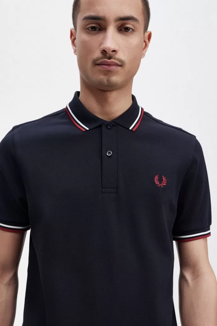 Fred Perry M3600 Men’s Shirt Navy Snow White Burnt Red | PFNZE7902