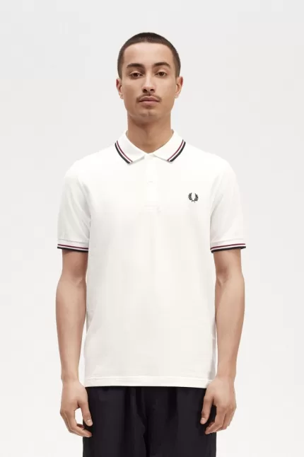 Fred Perry M3600 Men’s Shirt Snow White Burnt Red Navy | NYSXV2369