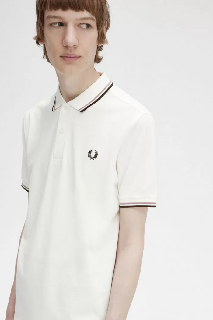 Fred Perry M3600 Men’s Shirt Snow White Deep Pink Burnt Tobacco | JYPDN7698