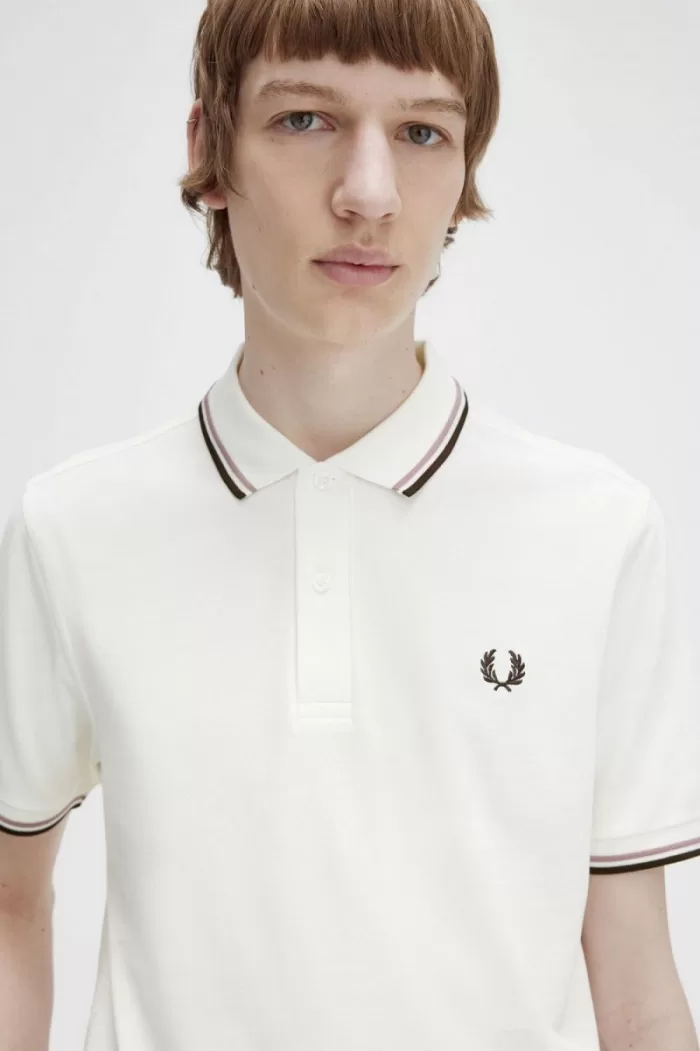 Fred Perry M3600 Men’s Shirt Snow White Deep Pink Burnt Tobacco | JYPDN7698