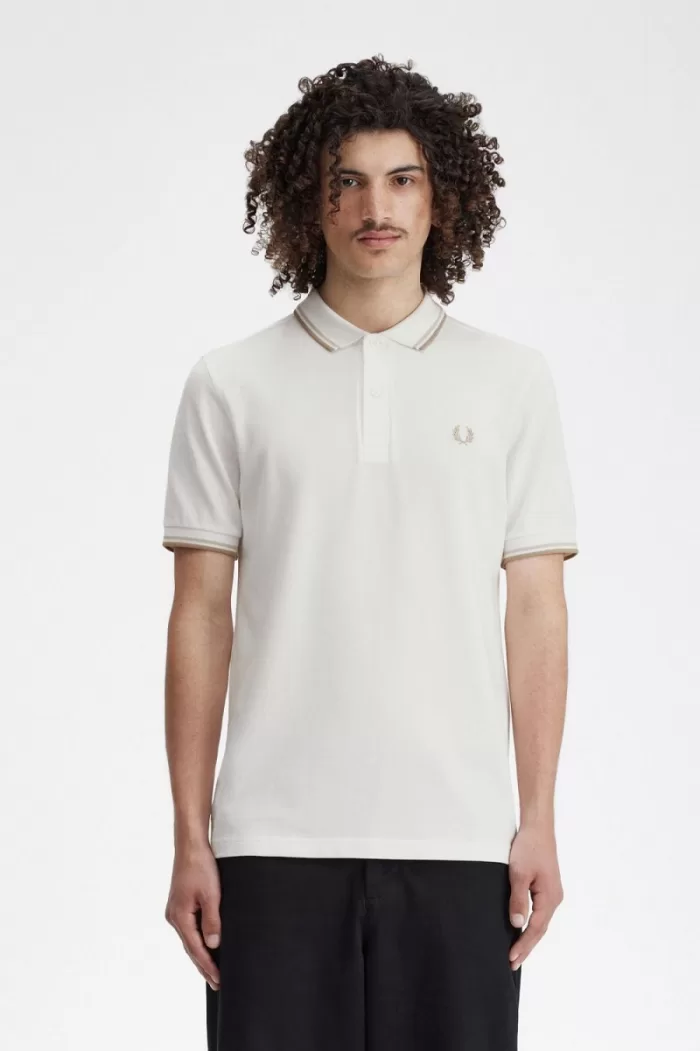 Fred Perry M3600 Men’s Shirt Snow White Oatmeal Green | FERGX5814