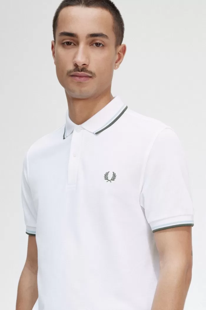 Fred Perry M3600 Men’s Shirt White Light Aqua Field Green | AISQH0238