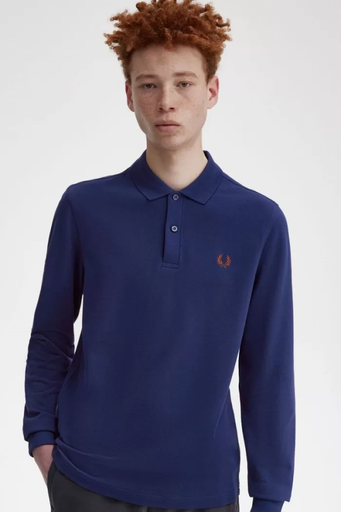 Fred Perry M6006 Men’s Shirt French Navy Whisky Brown | MGUND8257