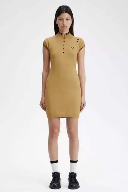 Fred Perry Metallic Knitted Women’s Dress 1964 Gold | VZBAW0819