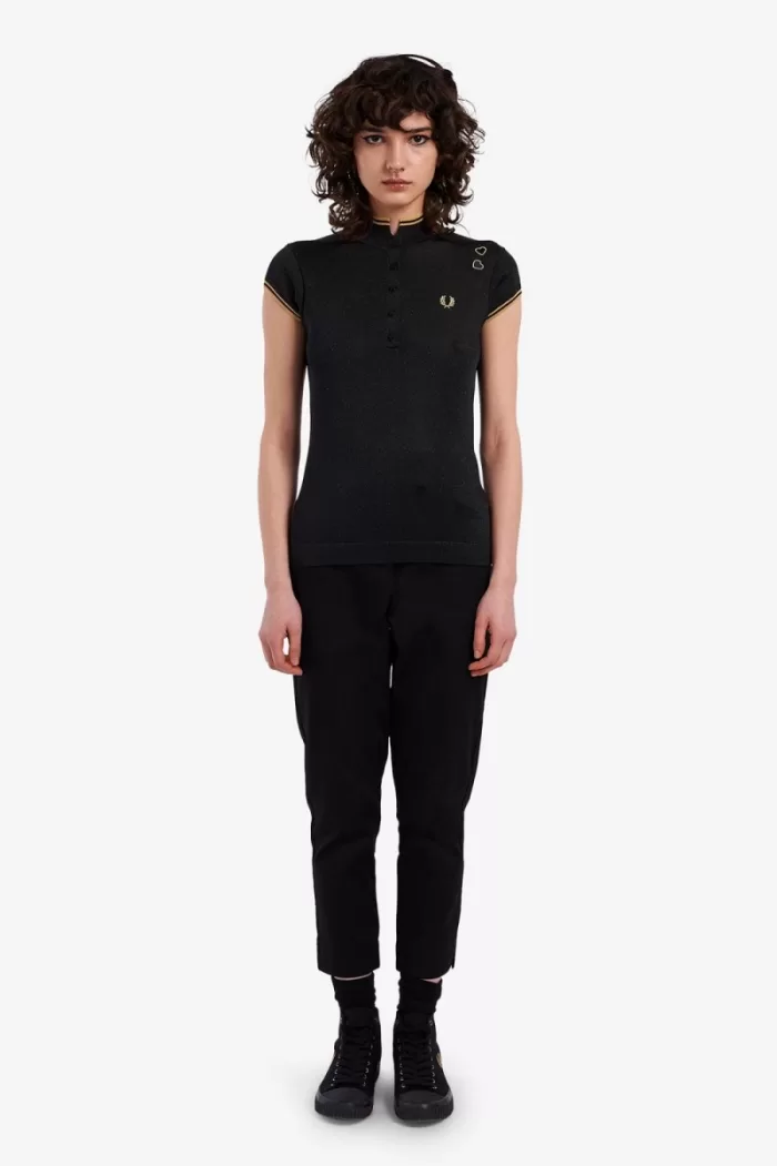 Fred Perry Metallic Knitted Women’s Polo Shirt Black | LNBRH2768