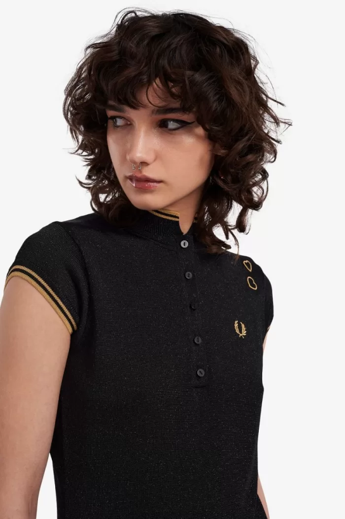 Fred Perry Metallic Knitted Women’s Polo Shirt Black | LNBRH2768