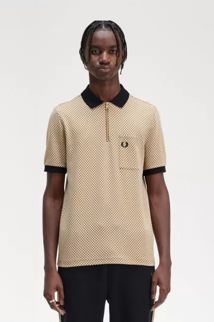 Fred Perry Micro Chequerboard Men’s Polo Shirt Oatmeal Dark Coffee | YWLSX3950