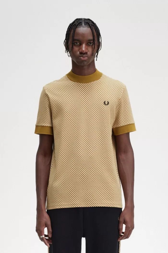 Fred Perry Micro Chequerboard Men’s T-Shirt Oatmeal Dark Coffee | OSQBJ0972