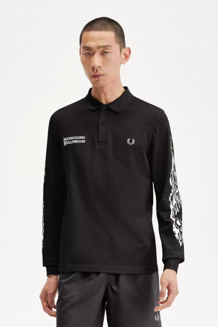 Fred Perry Noongoons Long Sleeve Graphic Men’s Polo Shirt Black | AIRVU3176