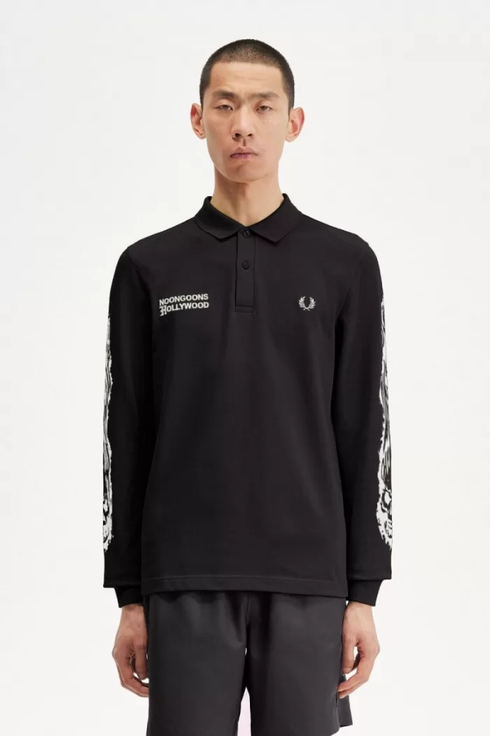 Fred Perry Noongoons Long Sleeve Graphic Men’s Polo Shirt Black | AIRVU3176