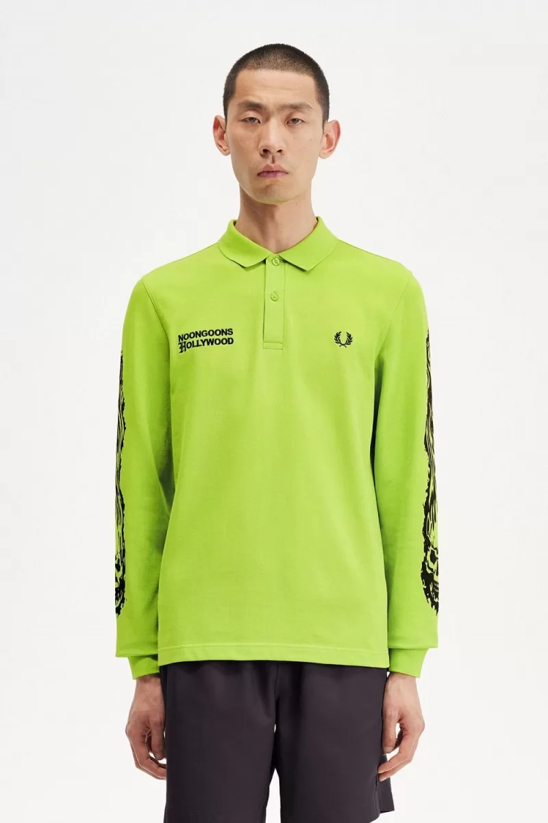 Fred Perry Noongoons Long Sleeve Graphic Mens Polo Shirt Lime Green HZUFJ4860 - Fred Perry Noongoons Long Sleeve Graphic Men's Polo Shirt Lime Green | HZUFJ4860