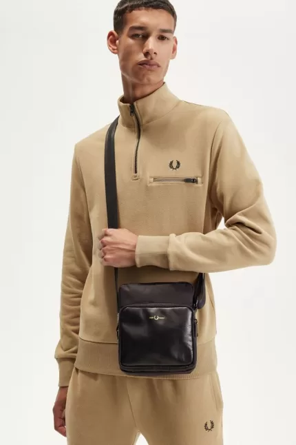 Fred Perry Nylon Twill Leather Side Men’s Bags Black Gold | SCKIJ1986