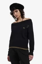 Fred Perry Off-The-Shoulder Knitted Women’s T-Shirt Black | YWIBZ5610