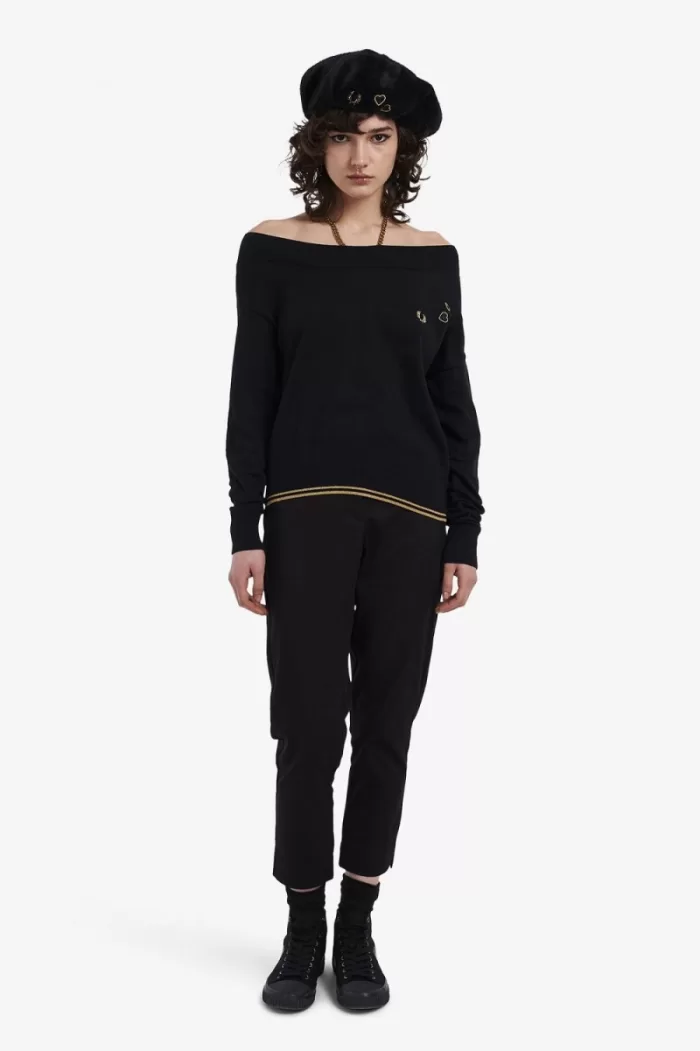 Fred Perry Off-The-Shoulder Knitted Women’s T-Shirt Black | YWIBZ5610