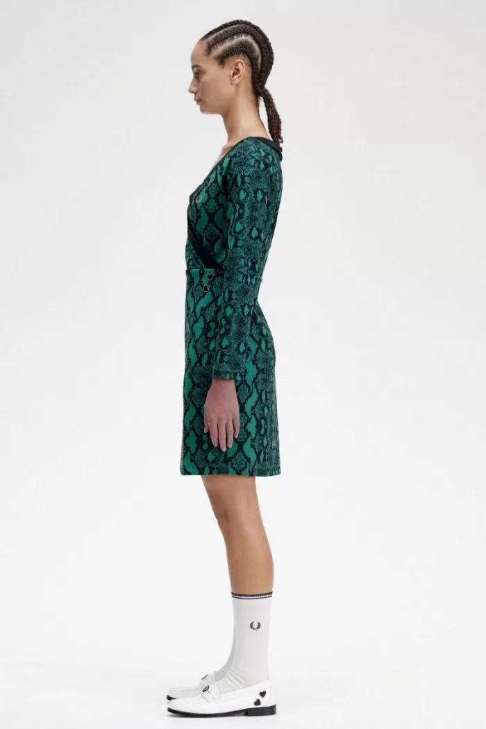 Fred Perry Off-the-Shoulder Snakeprint Women’s Dress Deep Mint | AYWTF5709