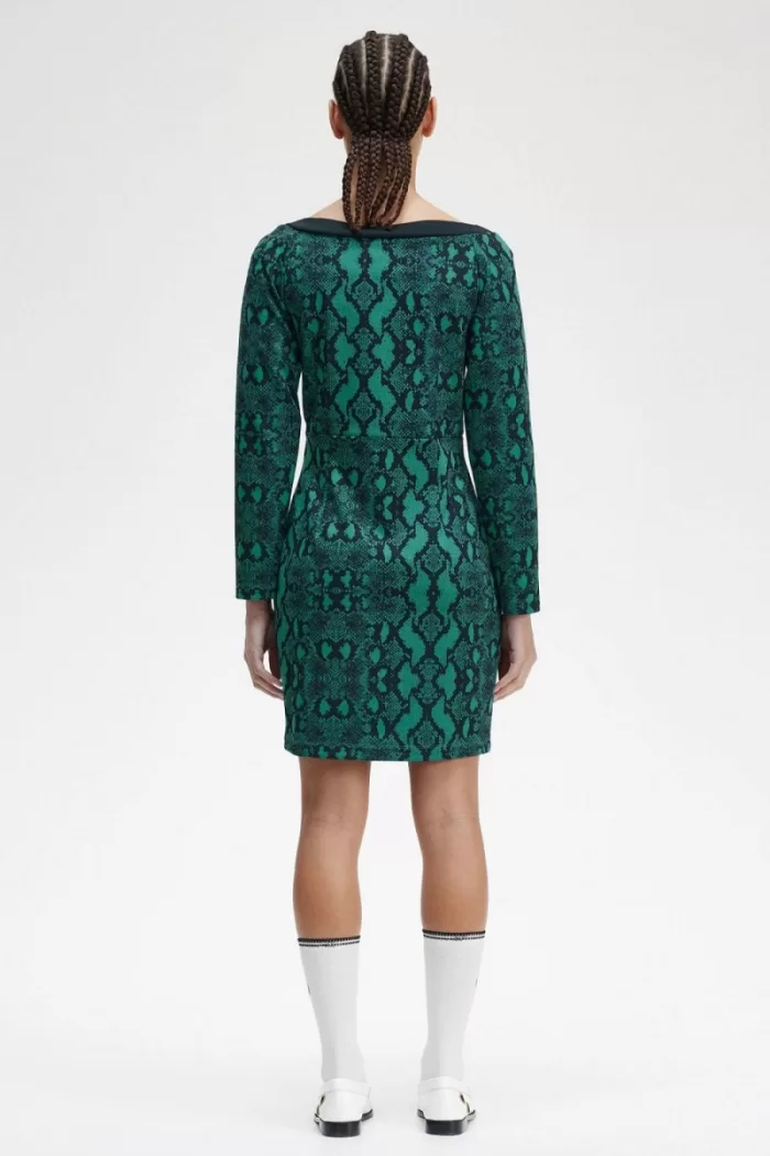 Fred Perry Off-the-Shoulder Snakeprint Women’s Dress Deep Mint | AYWTF5709