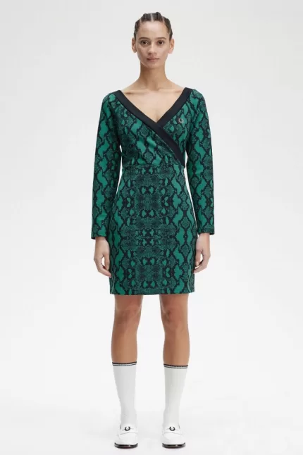 Fred Perry Off-the-Shoulder Snakeprint Women’s Dress Deep Mint | AYWTF5709