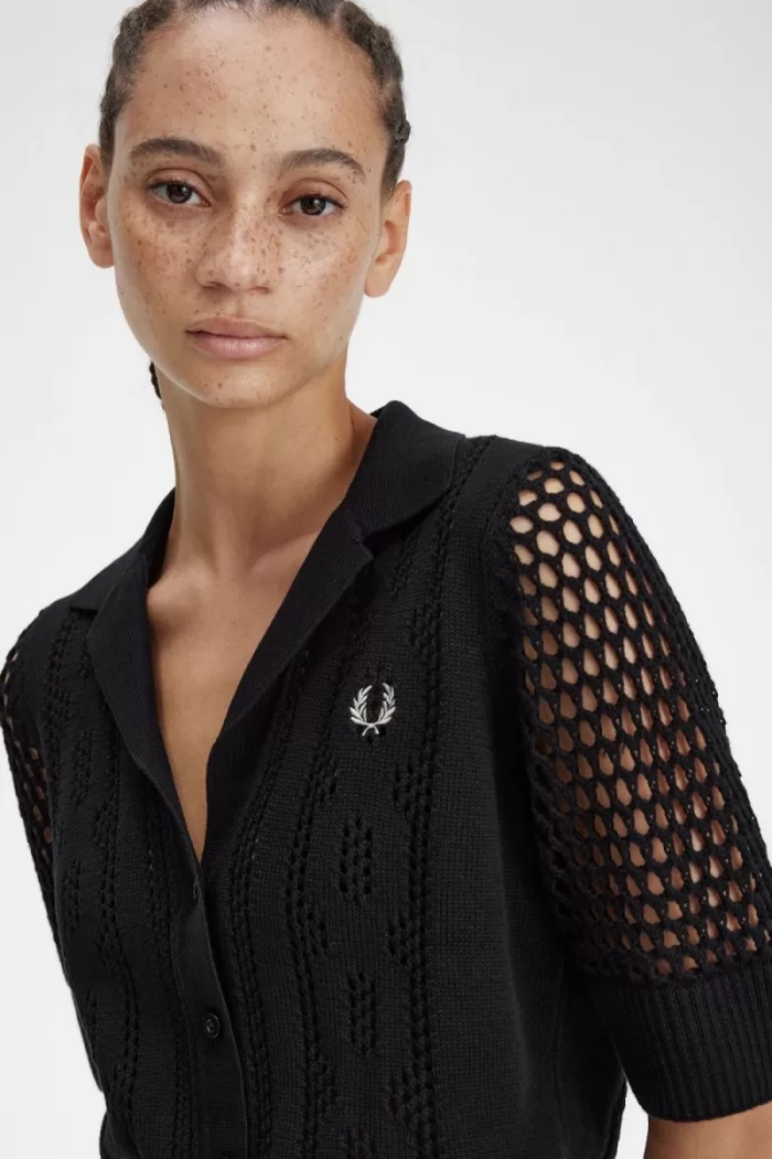 Fred Perry Open-Knit Button-Through Women’s Shirt Black | TJRNG7480