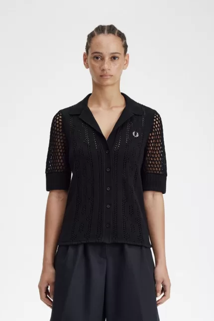 Fred Perry Open-Knit Button-Through Women’s Shirt Black | TJRNG7480