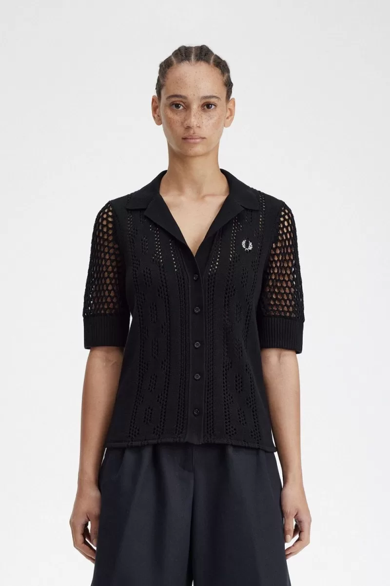 Fred Perry Open Knit Button Through Womens Shirt Black TJRNG7480 - Fred Perry Open-Knit Button-Through Women's Shirt Black | TJRNG7480