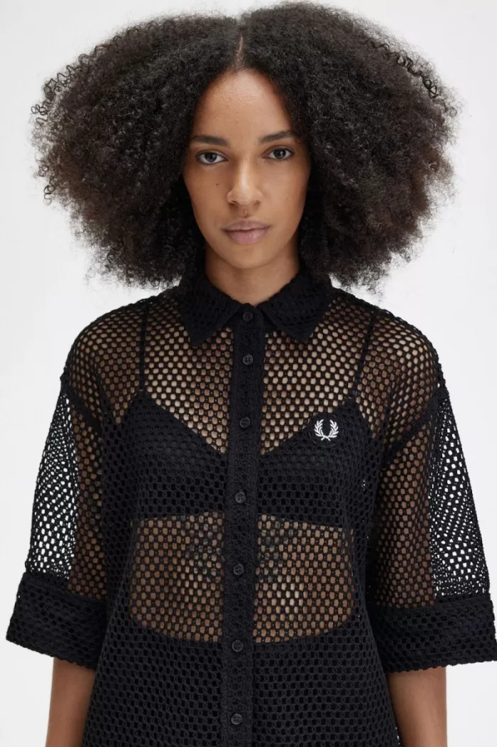 Fred Perry Open-Knit Shirt Women’s Dress Black | VZNCE5038