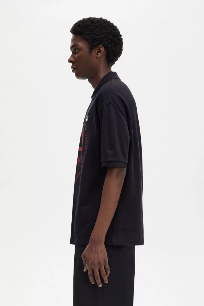 Fred Perry Oversized Printed Men’s Polo Shirt Navy Blue | WAKHO9208