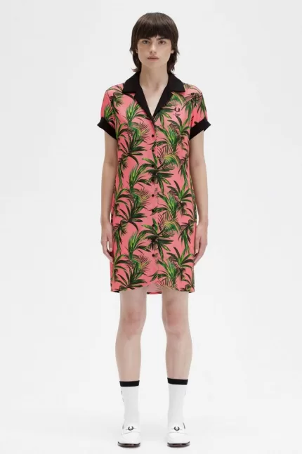 Fred Perry Palm Print Shirt Women’s Dress Coral Heat | PCBAX4675