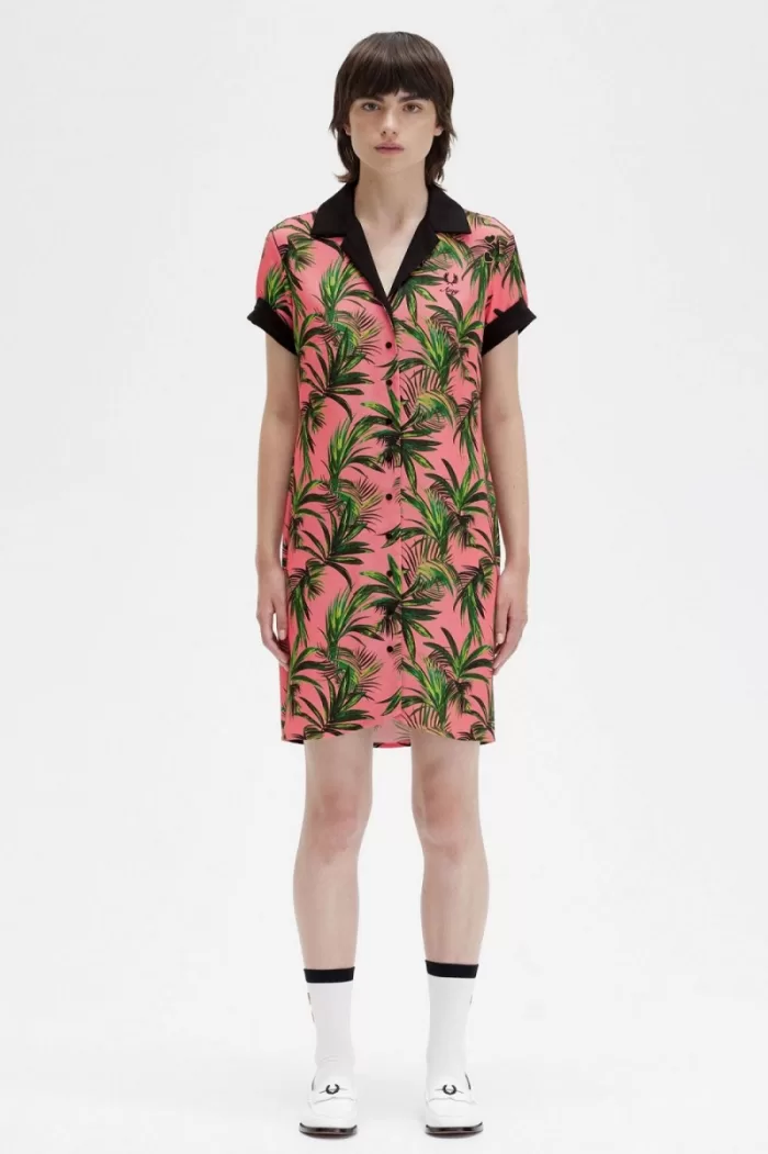 Fred Perry Palm Print Shirt Women’s Dress Coral Heat | PCBAX4675