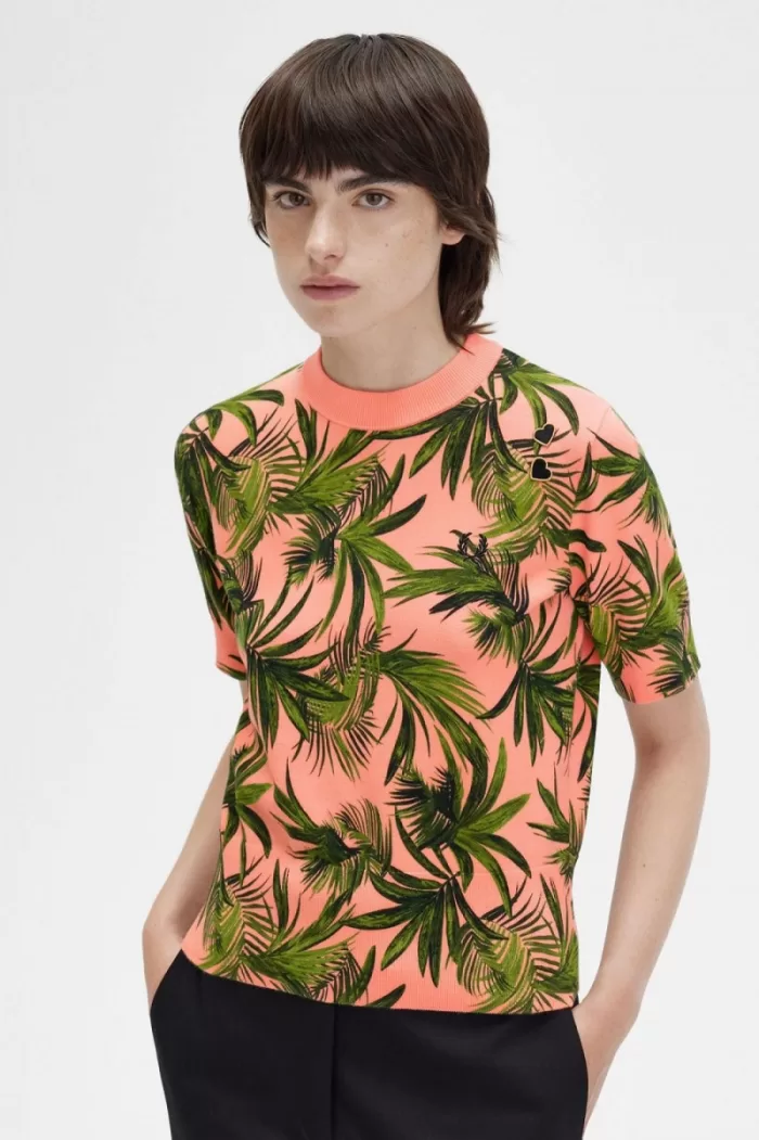 Fred Perry Palm Print Women’s Jumper Coral Heat | HFKNR9205