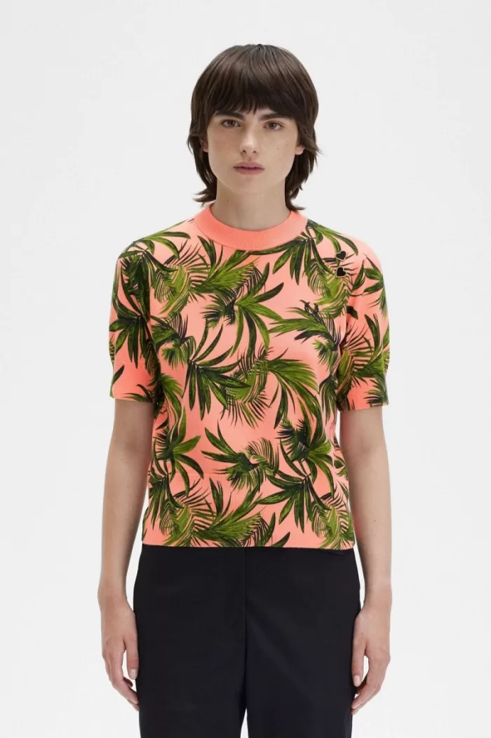 Fred Perry Palm Print Women’s Jumper Coral Heat | HFKNR9205