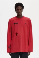 Fred Perry Printed Long Sleeve Men’s T-Shirt Red | QKNJW0578