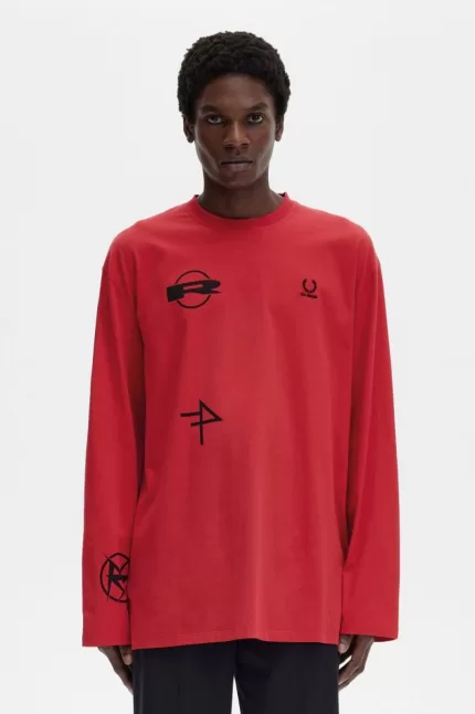 Fred Perry Printed Long Sleeve Men’s T-Shirt Red | QKNJW0578