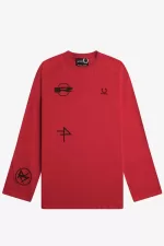 Fred Perry Printed Long Sleeve Men’s T-Shirt Red | QKNJW0578