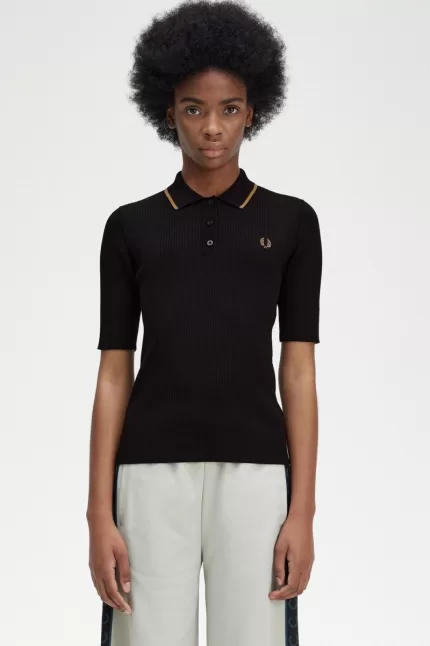 Fred Perry Ribbed Knitted Women’s Shirt Black | HIAPG5168