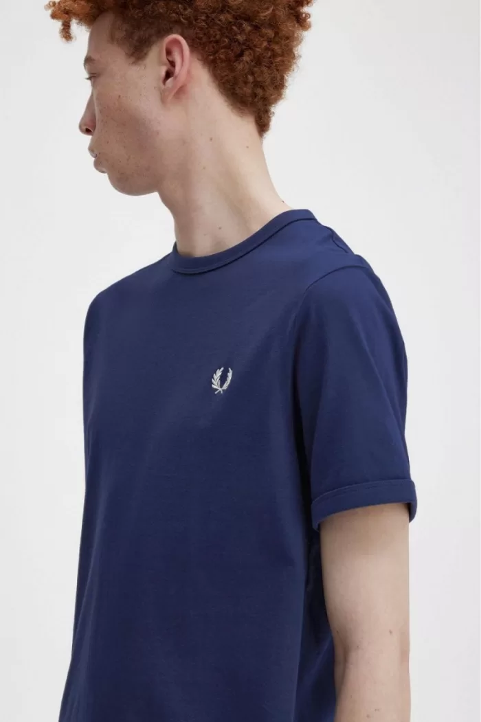 Fred Perry Ringer Men’s T-Shirt French Navy Snow White | JPBQG0257