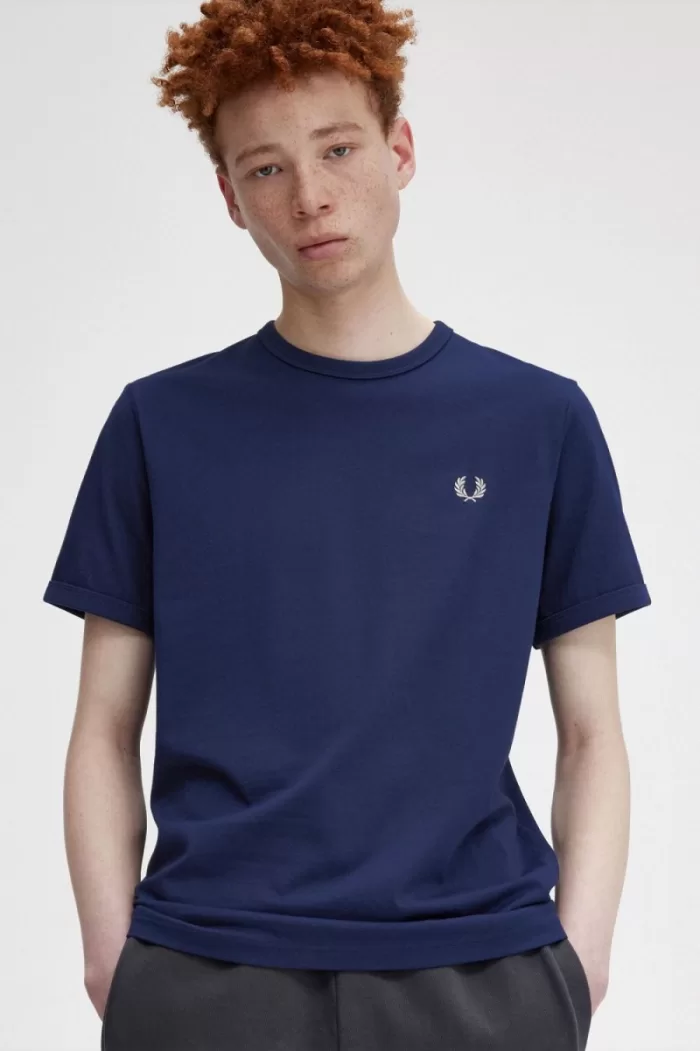 Fred Perry Ringer Men’s T-Shirt French Navy Snow White | JPBQG0257