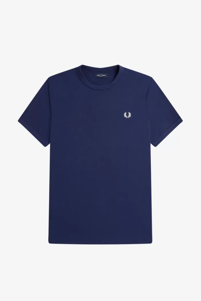 Fred Perry Ringer Men’s T-Shirt French Navy Snow White | JPBQG0257