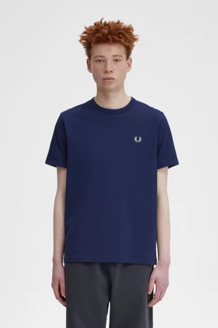 Fred Perry Ringer Men’s T-Shirt French Navy Snow White | JPBQG0257