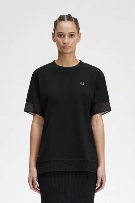 Fred Perry Sheer Trim Piqué Women’s T-Shirt Black | INADH4935