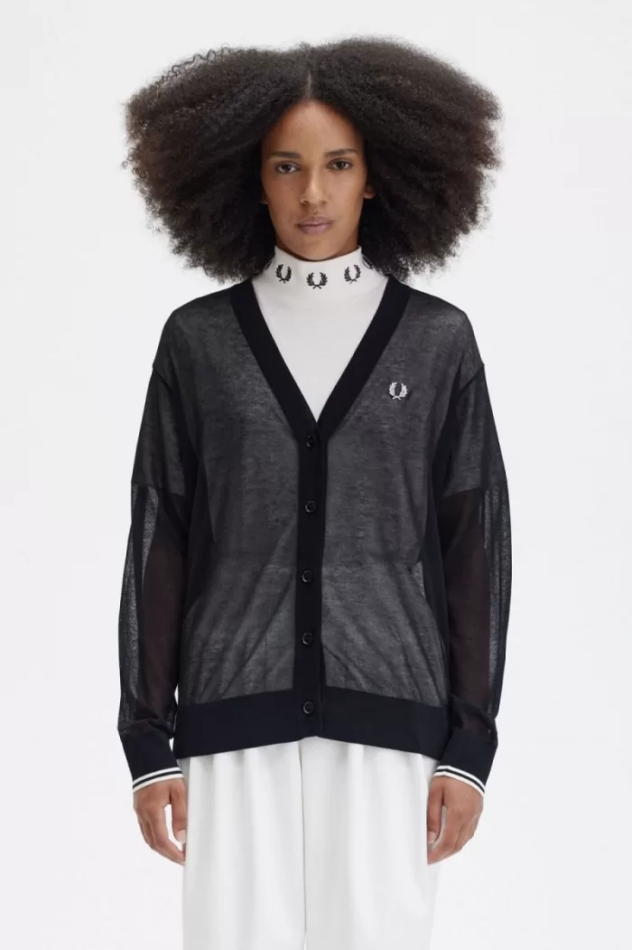 Fred Perry Sheer V-Neck Women’s Cardigan Black | FHVWS7913