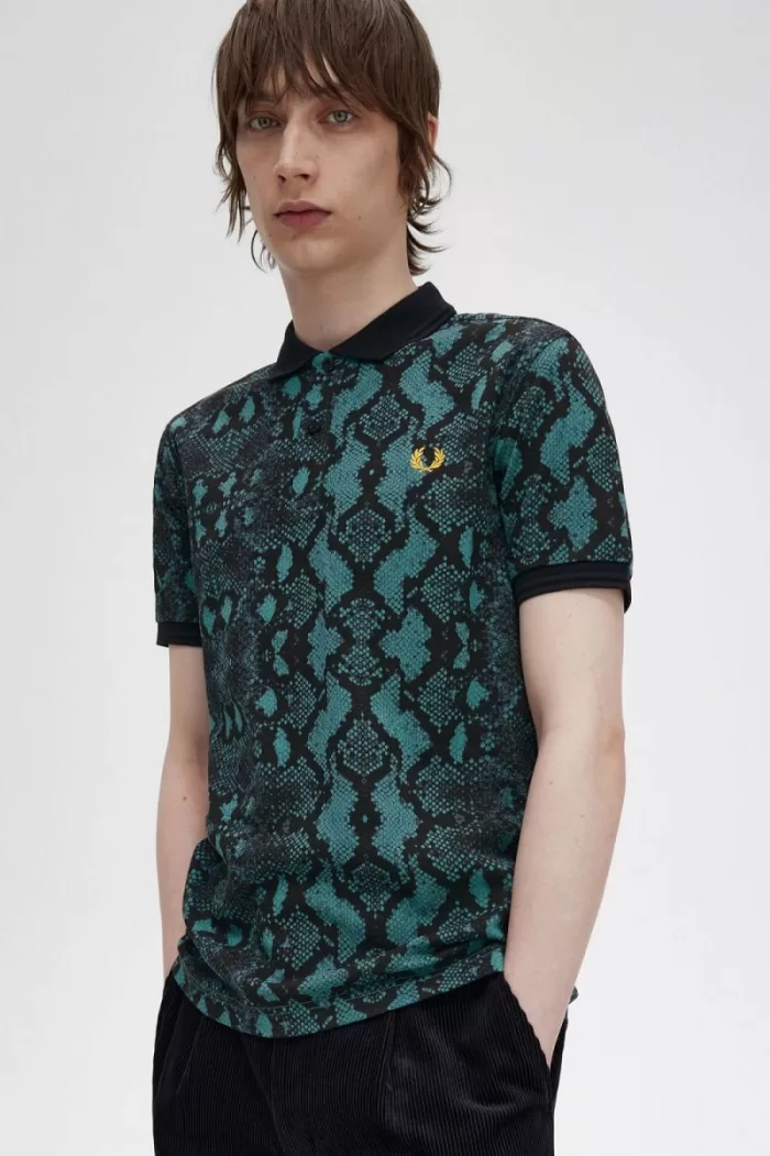 Fred Perry Snake Print Men’s Shirt Deep Mint | CZIDJ2815