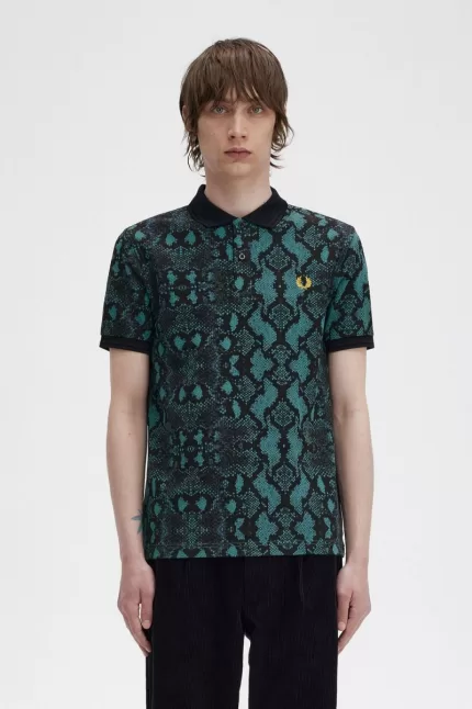 Fred Perry Snake Print Men’s Shirt Deep Mint | CZIDJ2815