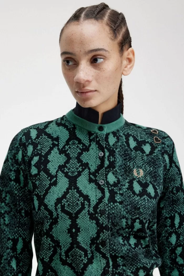 Fred Perry Snake Print Women’s Cardigan Deep Mint | ZTVUC3149