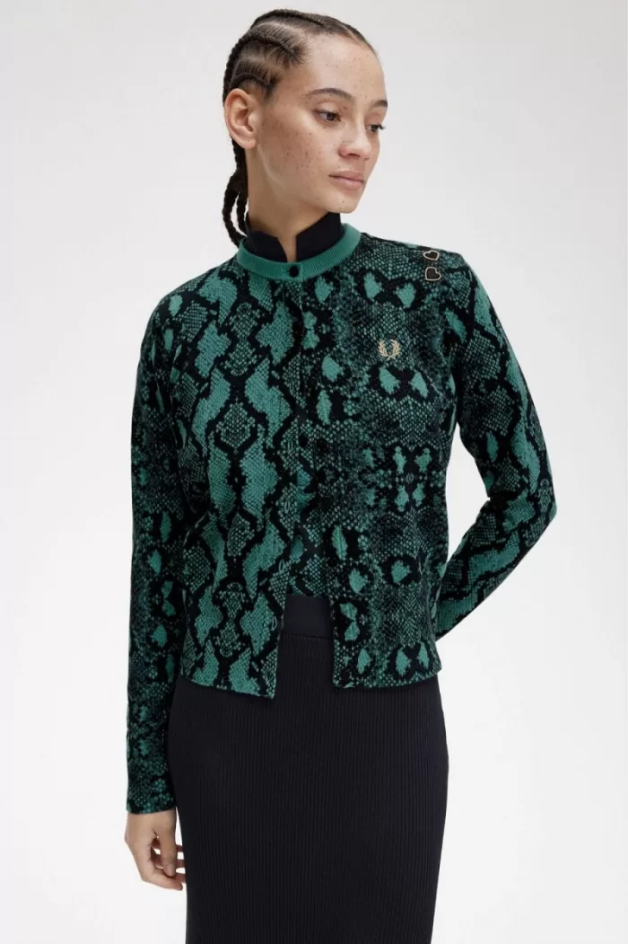 Fred Perry Snake Print Women’s Cardigan Deep Mint | ZTVUC3149