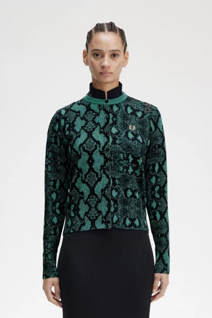 Fred Perry Snake Print Women’s Cardigan Deep Mint | ZTVUC3149