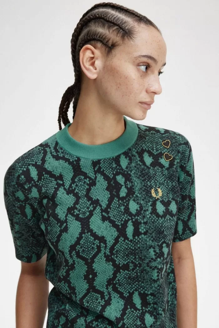 Fred Perry Snake Print Women’s Jumper Deep Mint | DWUCG1582