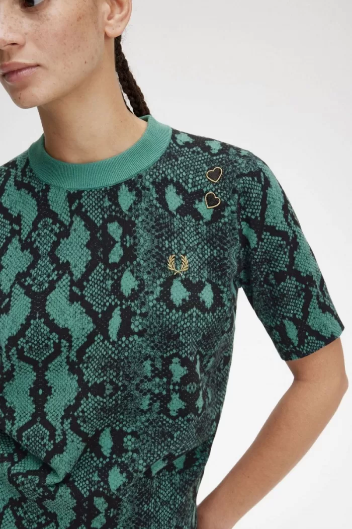 Fred Perry Snake Print Women’s Jumper Deep Mint | DWUCG1582